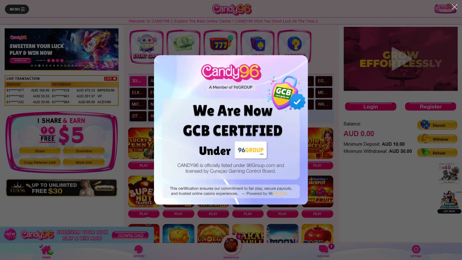 Candy 96 Casino desktop games area with casino categories and titles