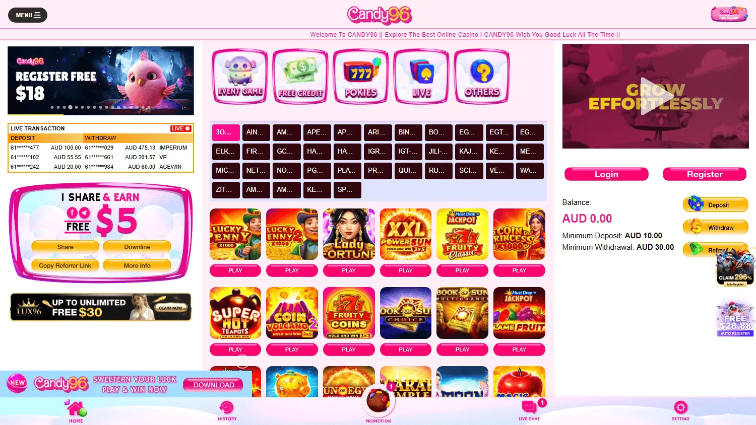 Candy 96 Casino desktop home screen with the main casino offer