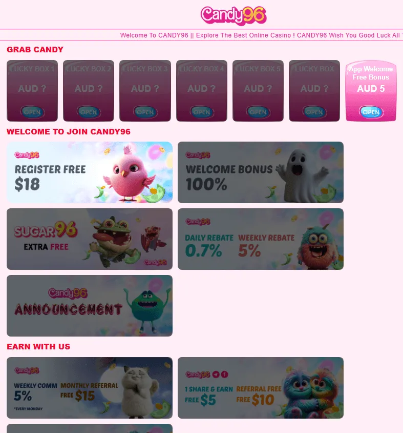 Candy 96 Casino desktop promotions area with welcome and reward offers