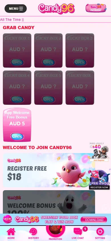 Candy 96 Casino mobile promotions area with welcome and bonus offers